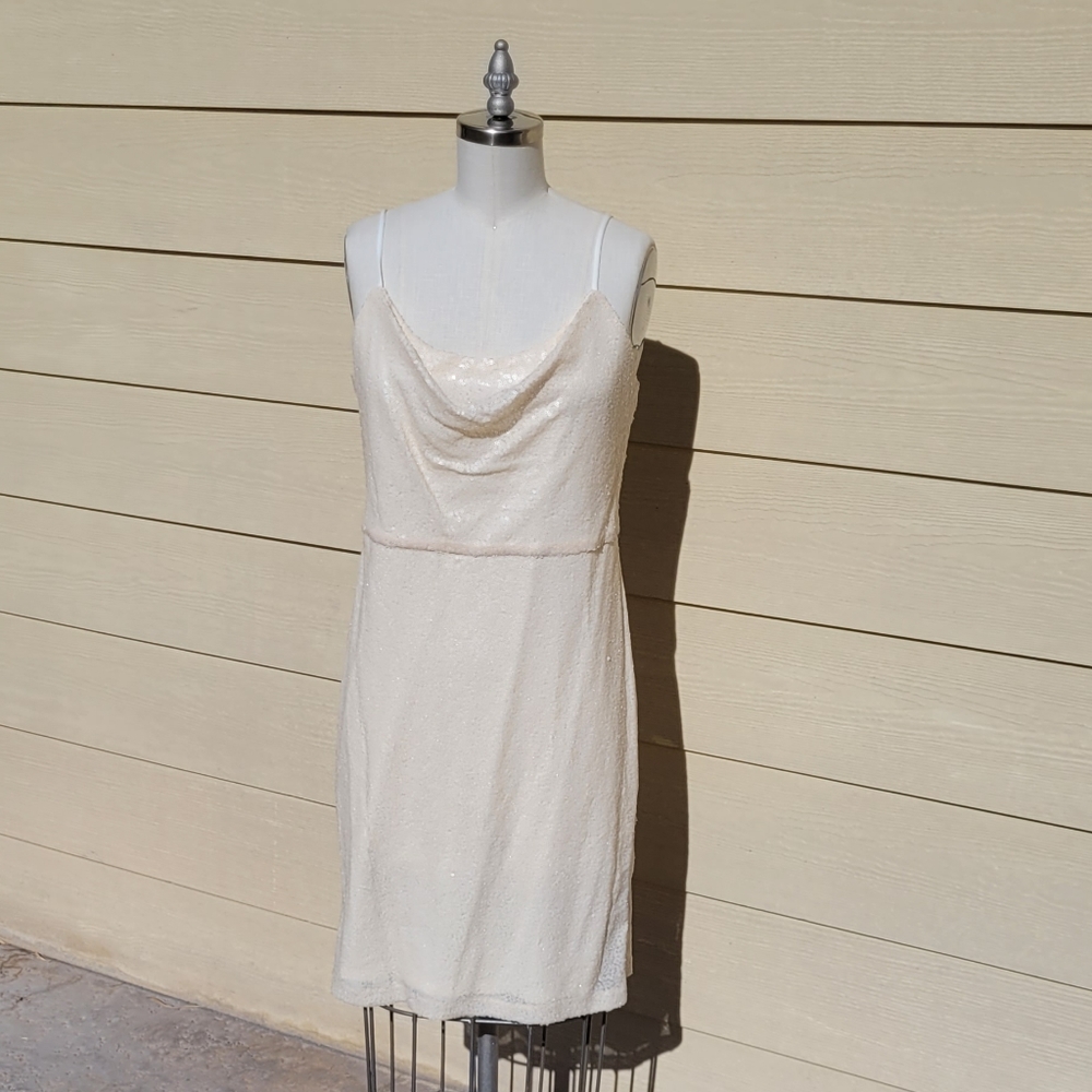 H Halston cream mini sequins spaghetti strap dress